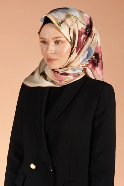 %100 Twill İpek Çiçek Desenli Bebe Mavisi - Gül Kurusu Renkli 90x90 Dikim Şekli : El Dikişi Eşarp ürün görseli 1