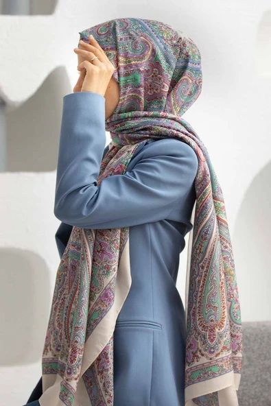 %100 İpek Etro Desenli Bej - Lila Renkli 92x210 Şal ürün görseli 1
