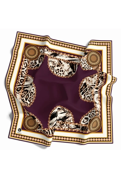Kristal Zincirli Leopar Desenli Mürdüm Renkli 90x90 Eşarp (İpek İçermez) Kenar Dikiş Şekli El Dikişli ürün görseli 1