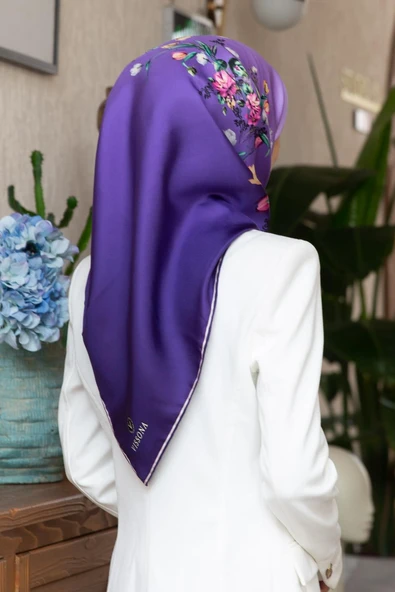 %100 Twill İpek Sonsuz Çiçek Desenli Lila Renkli 90x90 Eşarp Dikim Şekli : El Dikişi ürün görseli 1