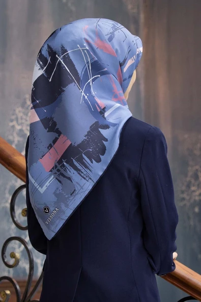 %100 Twill İpek Geometrik Desenli İndigo - Gül Kurusu Renkli 90x90 Eşarp Dikim Şekli : El Dikişi ürün görseli 1