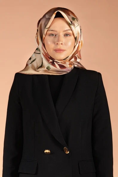 %100 Twill İpek Çiçek Desenli Gold - Taba Renkli 90x90 Dikim Şekli : El Dikişi Eşarp ürün görseli 1
