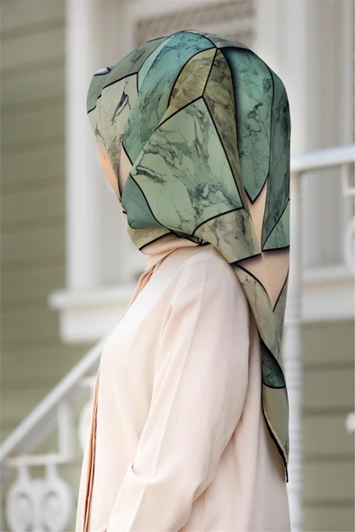 %100 Twill İpek Mermer Desenli Mint Yeşili - Haki Renkli 90x90 Eşarp Dikim Şekli : El Dikişi ürün görseli 1