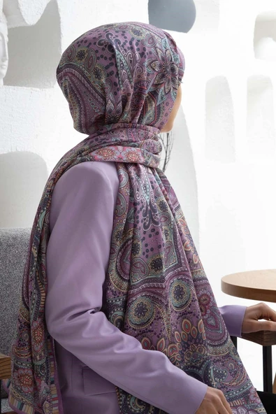 100% İpek Etro Desenli Mürdüm Renkli 92x210 Şal ürün görseli 1