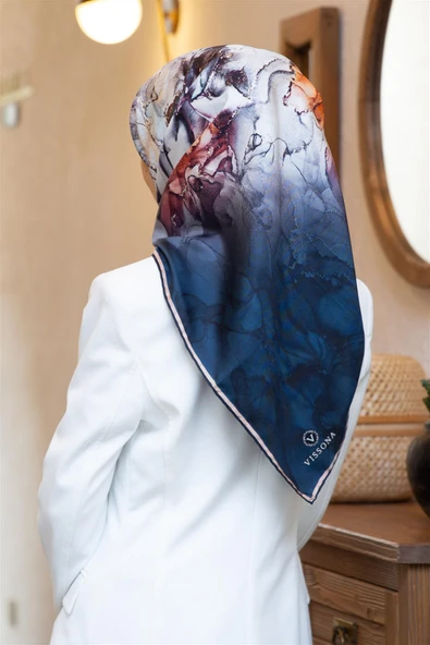 %100 Twill İpek Duman Desenli Lacivert Renkli 90x90 Eşarp Dikim Şekli : El Dikişi ürün görseli 1