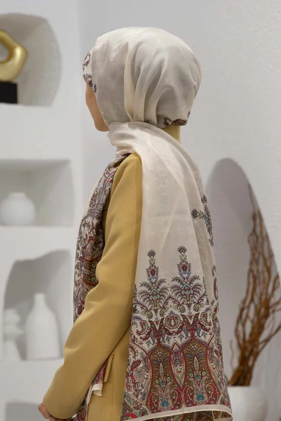 %100 İpek Etnik Desenli Krem Renkli 92x210 Şal ürün görseli 1