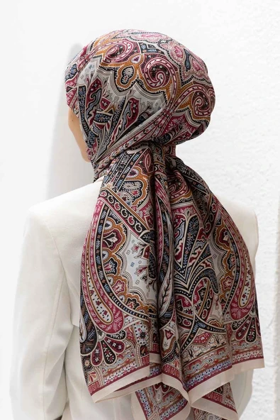 100% İpek Etro Desenli Taş - Bordo Renkli 92x210 Şal ürün görseli 1