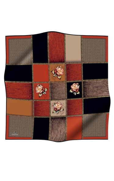 %100 Twill İpek Dokulu Çiçekli Ve Geometrik Desenli Siyah - Taba Renkli 90x90 Eşarp Dikim Şekli : El Dikişi ürün görseli 1