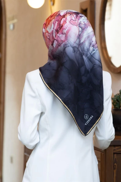 %100 Twill İpek Duman Desenli Siyah Renkli 90x90 Eşarp Dikim Şekli : El Dikişi ürün görseli 1