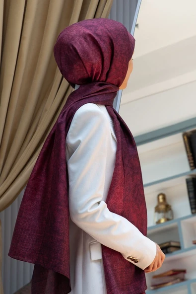 % 100 İpek Damask Desenli Bordo Renkli 90x210 Şal ürün görseli 1