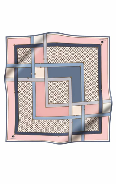 %100 Twill İpek Geometrik Desenli Pudra - Bebe Mavisi Renkli 90x90 Eşarp Dikim Şekli : El Dikişi ürün görseli 1
