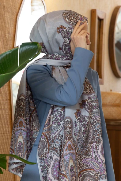 100% İpek Etro Desenli Gri Renkli 92x210 Şal ürün görseli 1