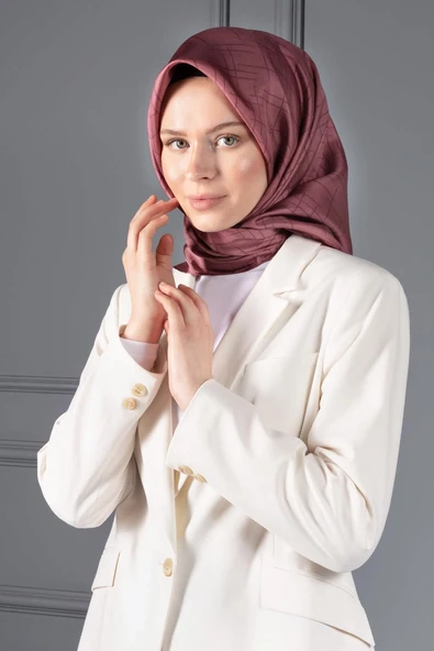 %100 Twill İpek Çizgi Desenli Gül Kurusu Renkli 90x90 Eşarp Dikim Şekli : El Dikişi ürün görseli 1