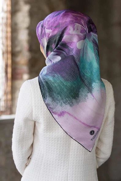 %100 Twill İpek Dokulu Ve Çiçek Desenli Lila - Su Yeşili Renkli 90x90 Eşarp Dikim Şekli : El Dikişi ürün görseli 1