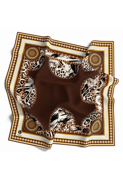 Kristal Zincirli Leopar Desenli Taba Renkli 90x90 Eşarp (İpek İçermez) Kenar Dikiş Şekli El Dikişli ürün görseli 1