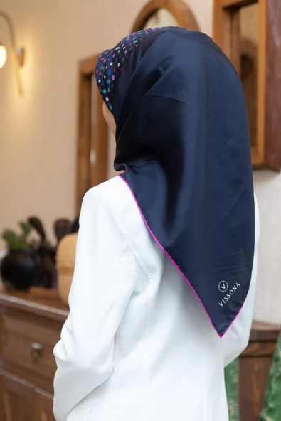 %100 Twill İpek Çıtır Şerit Desenli Lacivert - Fuşya Renkli 90x90 Eşarp Dikim Şekli : El Dikişi ürün görseli 1