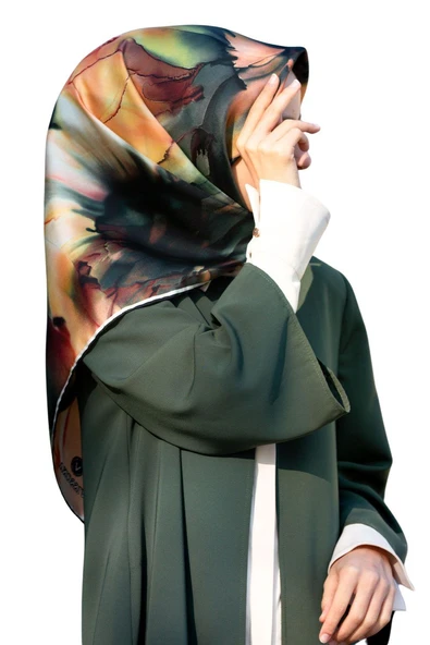 %100 Twill İpek Batik Çiçek Desenli Zümrüt Yeşili - Hardal Renkli 90x90 Eşarp Kenar Dikiş Şekli El Dikişli ürün görseli 1