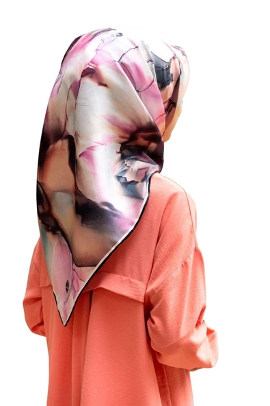 %100 Twill İpek Batik Çiçek Desenli Somon - Lila Renkli 90x90 Eşarp Kenar Dikiş Şekli El Dikişli ürün görseli 1