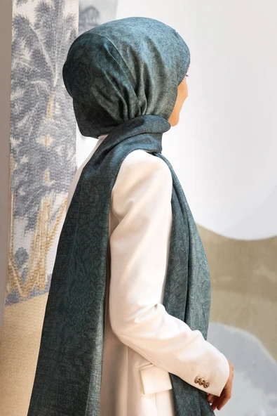 % 100 İpek Damask Desenli Mint Yeşili Renkli 90x210 Şal ürün görseli 1