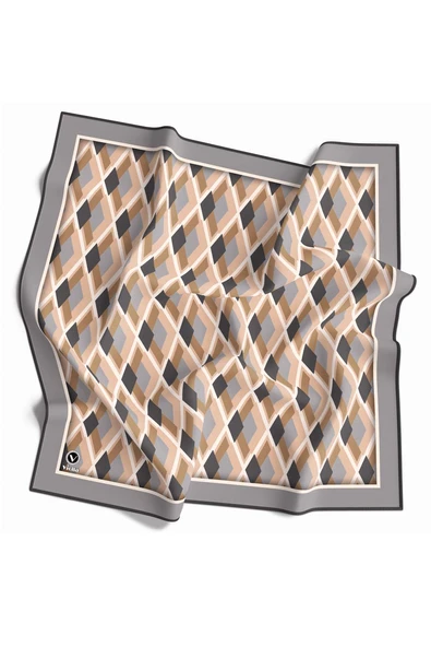 Kristal Geometrik Desenli Gri - Bej Renkli 90x90 Eşarp (İpek İçermez) Dikim Şekli : El Dikişi ürün görseli 1