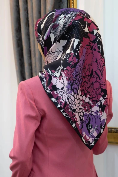 %100 Twill İpek Yaprak Desenli Mor - Mürdüm Renkli 90x90 Eşarp Dikim Şekli : El Dikişi ürün görseli 1