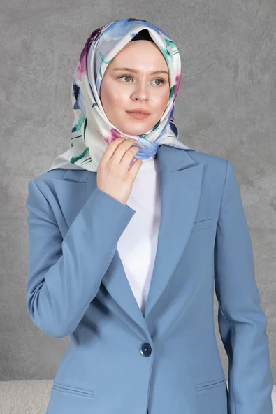 %100 Twill İpek Çiçek Desenli Gül Kurusu - İndigo Renkli 90x90 Dikim Şekli : El Dikişi Eşarp ürün görseli 1
