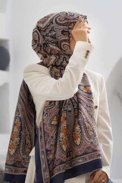 %100 İpek Etro Desenli Lacivert Renkli 92x210 Şal ürün görseli 1