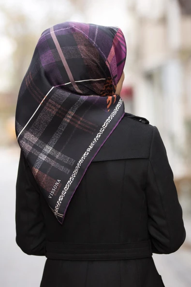 %100 Twill İpek Ekoseli Ve Leopar Desenli Mürdüm - Taba Renkli 90x90 Eşarp Dikim Şekli : El Dikişi ürün görseli 1