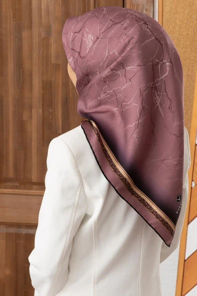 %100 Twill İpek Mermer Desenli Gül Kurusu Renkli 90x90 Eşarp Dikim Şekli : El Dikişi ürün görseli 1