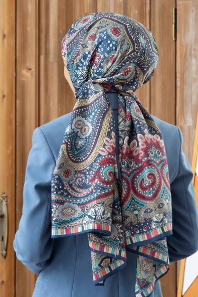 100% İpek Etro Desenli Lacivert Renkli 92x210 Şal ürün görseli 1