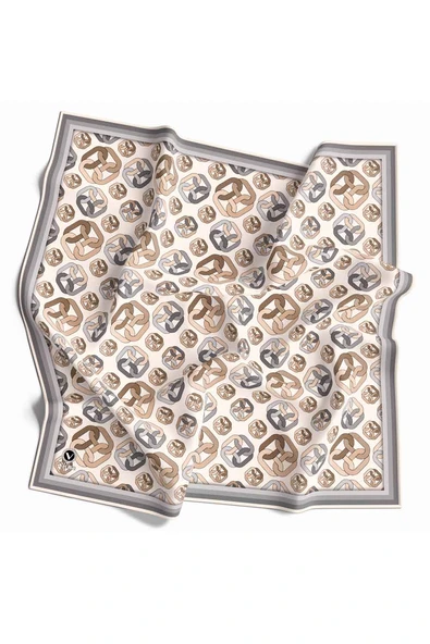 Kristal Zincir Motif Desenli Gri - Krem Renkli 90x90 Eşarp (İpek İçermez) Kenar Dikiş Şekli El Dikişli ürün görseli 1