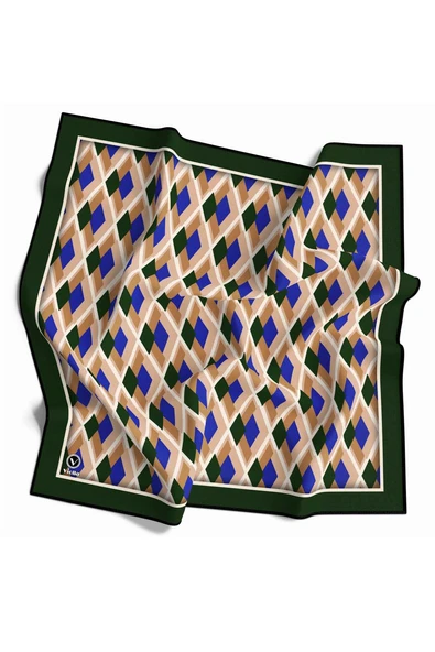 Kristal Geometrik Desenli Zümrüt Yeşili - Saks Renkli 90x90 Eşarp (İpek İçermez) Dikim Şekli : El Dikişi ürün görseli 1