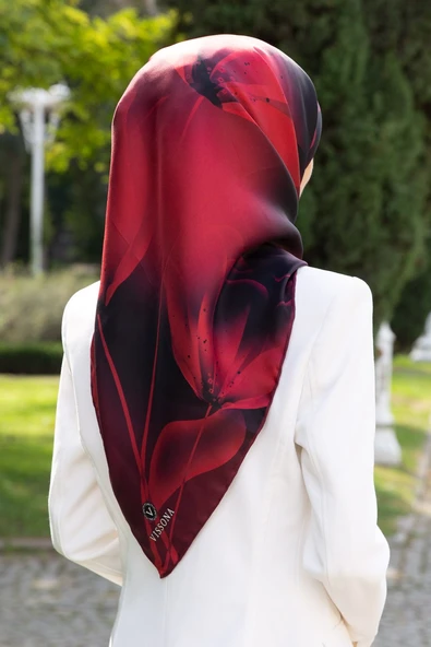 %100 Twill İpek Çiçek Desenli Bordo Renkli 90x90 Eşarp Dikim Şekli : El Dikişi ürün görseli 1