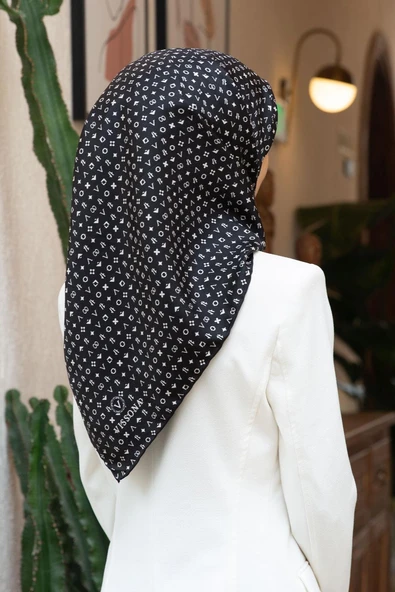 %100 Twill İpek Çıtır Motif Desenli Siyah - Krem Renkli 90x90 Eşarp Dikim Şekli : El Dikişi ürün görseli 1