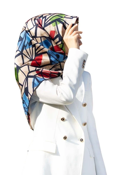 %100 Twill Renkli Petek Desenli Kırmızı - Saks Renkli 90x90 Eşarp Dikim Şekli: El Dikişii ürün görseli 1