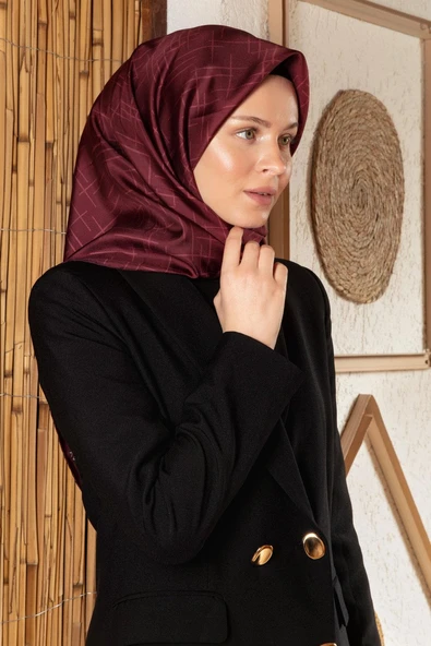 %100 Twill İpek Çizgi Desenli Bordo Renkli 90x90 Eşarp Dikim Şekli : El Dikişi ürün görseli 1