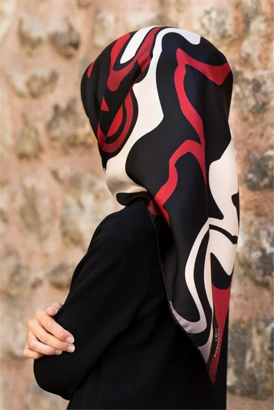 100% Twill İpek Dalga Desenli Siyah - Bordo Renkli 90x90 Dikim Şekli : El Dikişi Eşarp ürün görseli 1
