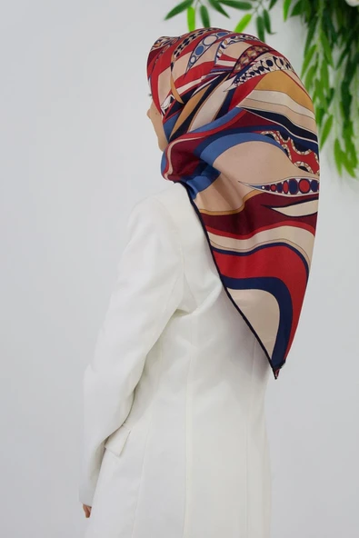 100% Twill Etnik Yaprak Desenli Bordo - Lacivert Renkli 90x90 Dikim Şekli : El Dikişi Eşarp ürün görseli 1