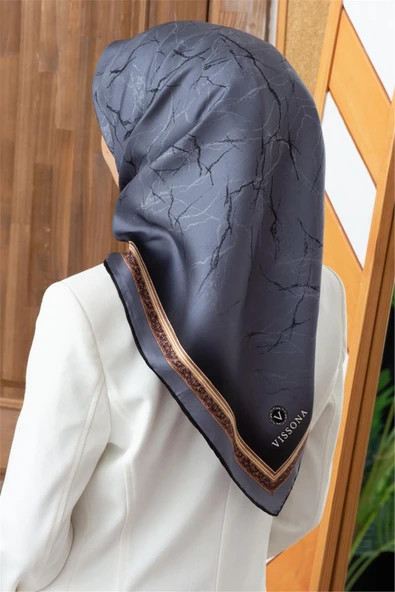 %100 Twill İpek Mermer Desenli Gri Renkli 90x90 Eşarp Dikim Şekli : El Dikişi ürün görseli 1