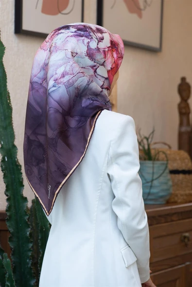 %100 Twill İpek Duman Desenli Kiremit Renkli 90x90 Eşarp Dikim Şekli : El Dikişi ürün görseli 1