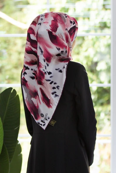 %100 Twill İpek Batik Desenli Bordo - Gri Renkli 90x90 Eşarp Dikim Şekli : El Dikişi ürün görseli 1