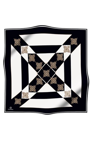 %100 Twill İpek Geometrik ve Barok Desenli Siyah - Krem Renkli 90x90 Eşarp Dikim Şekli : El Dikişi ürün görseli 1