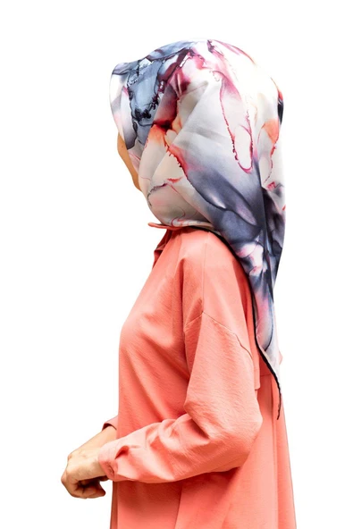 %100 Twill İpek Batik Çiçek Desenli İndigo - Bakır Renkli 90x90 Eşarp Kenar Dikiş Şekli El Dikişli ürün görseli 1