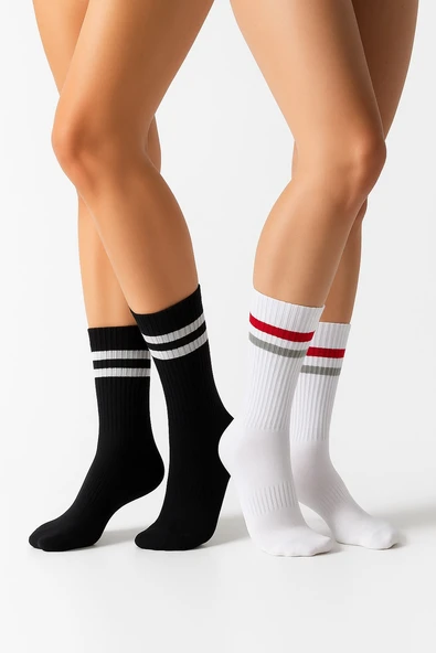 Kadın 2’li Tenis Çorabı Seti – Siyah & Beyaz Çizgili Spor Çorap – Nefes Alabilir Pamuklu ürün görseli 1