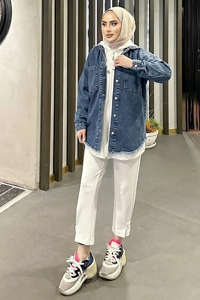 Koyu Mavi Kar Yıkama Püskül Detay Kot Ceket Oversize ürün görseli 1