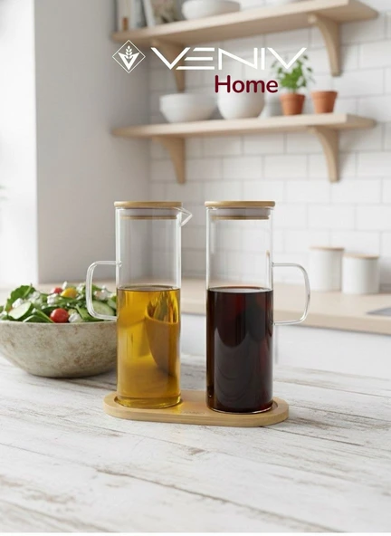 2 Adet Bambu Vakumlu Kapaklı Borosilikat Yağdanlık + Bambu Altlık sete Dahil 500 ml + 500 ml ürün görseli 1