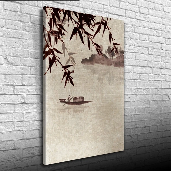 Nehirdeki Çinli Kayıkçı Suluboya Kanvas Tablo 50 x 70 ürün görseli 1