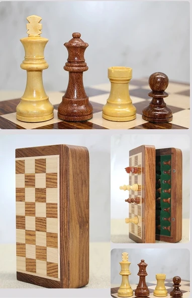 Özel Vernikli Mıknatıs Taşlı Ahşap Katlanabilir Kutulu Satranç Oyunu 17.5 Cm G221 ürün görseli 1