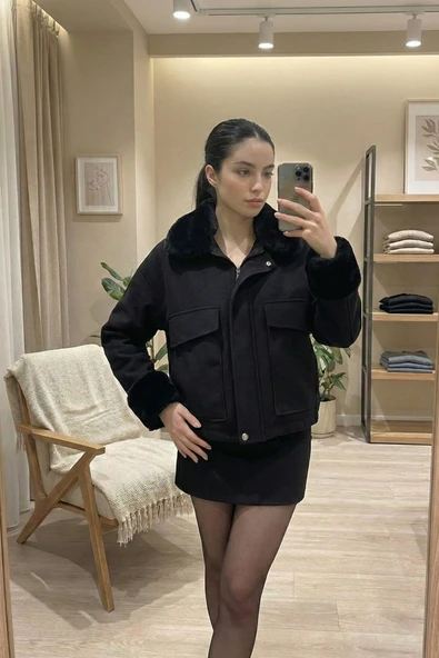 Kadın Ceket Relax Fit Kürklü Kol ve Yaka Detaylı Günlük Kadın Ceket ürün görseli 1