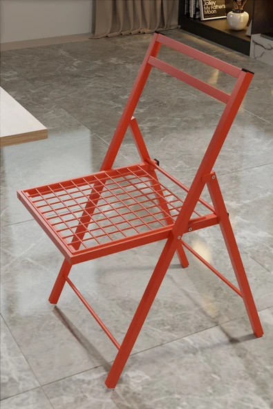 Retodesign 2 Adet Katlanır Kırmızı Metal Sandalye Minderli. Bistro Sandalye 20242k ürün görseli 1